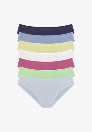 Sieben Paare Damen-Baumwollslips in verschiedenen Farben: Dunkelblau, Hellblau, Gelb, Weiß, Pink, Grün und Helllila.