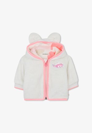 Valge beebijakk roosa äärisega, lukuga südame tõmbamine, pehme kapuuts kõrvadega ja särav pilveäpp rinnal.