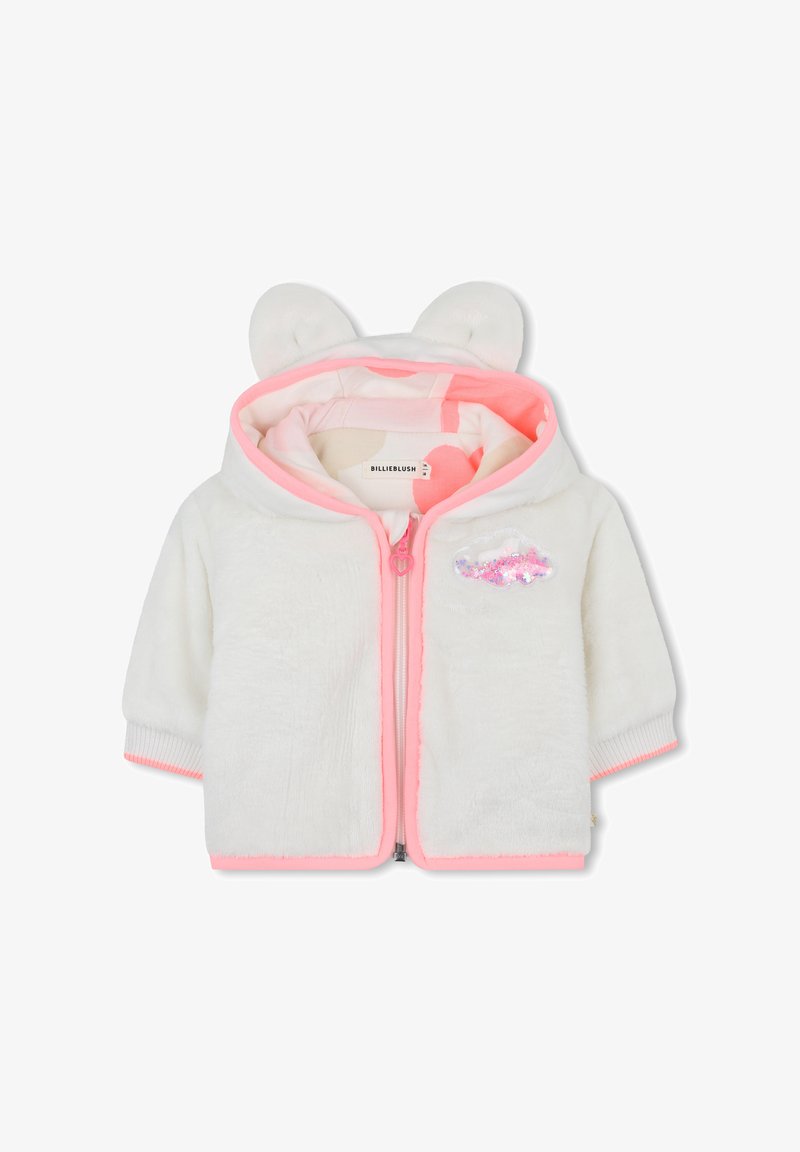 Hvit babydress med rosa detaljer, glidelås med hjerte-drag, plysj hette med ører, og en glitrende sky-patch på brystet.