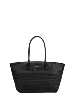 Sac fourre-tout noir avec une partie supérieure lisse, une partie inférieure texturée, de longues poignées et un petit logo centré près du haut.