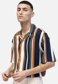 Ung man som håller solglasögon och bär en kortärmad skjorta med knappar och vertikala ränder i blått, orange, vitt och grönt.