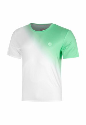 Heren sportshirt met korte mouwen, witte basis en groene kleurverloop aan de rechterbovenkant, met een klein rond logo op de borst.