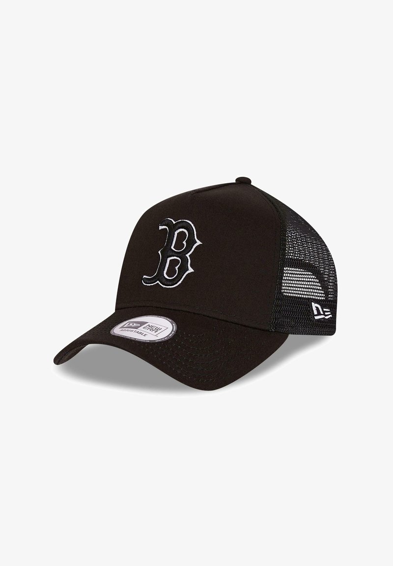 Black baseball cap with a curved visor, featuring a white embroidered "B" logo on the front and mesh back for breathability.