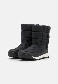 Black insulated winter boots with quilted nylon upper, rubber sole, and white accent stripe. Mid-calf height with a plush interior.