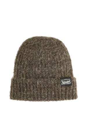 Brown knitted Levi Strauss beanie hat with folded cuff and small rectangular brand label on the side.