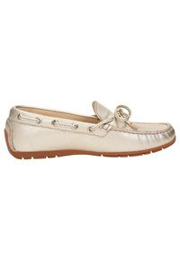 Goldfarbene metallische Slipper aus glattem Leder, mit einer Schleife vorne, Quasten und einer von Bootsschuhen inspirierten Schnürung. Gummisohle für besseren Halt.