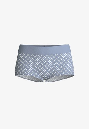 Boxer aderenti a fantasia blu con una fascia in vita blu tinta unita. Il tessuto presenta un design floreale geometrico bianco. Tessuto dalla trama liscia.