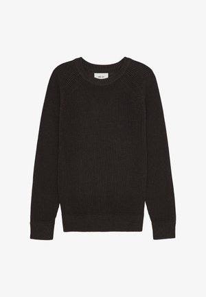 Donkerbruin gebreid sweater met een geribbelde textuur, ronde halslijn en lange mouwen. Bevat raglan naden en een rechte zoom op de taille.