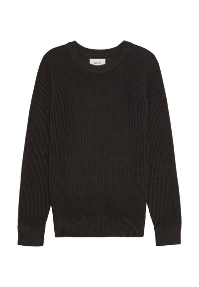 Donkerbruin gebreid sweater met een geribbelde textuur, ronde halslijn en lange mouwen. Bevat raglan naden en een rechte zoom op de taille.