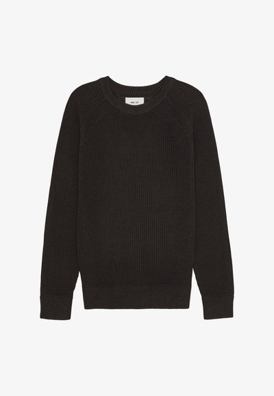 Donkerbruin gebreid sweater met een geribbelde textuur, ronde halslijn en lange mouwen. Bevat raglan naden en een rechte zoom op de taille.