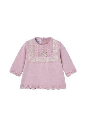 Top tricoté rose clair à manches longues, avec un accent en dentelle sur le décolleté, un ourlet festonné et un nœud décoratif avec un détail en perle au centre.
