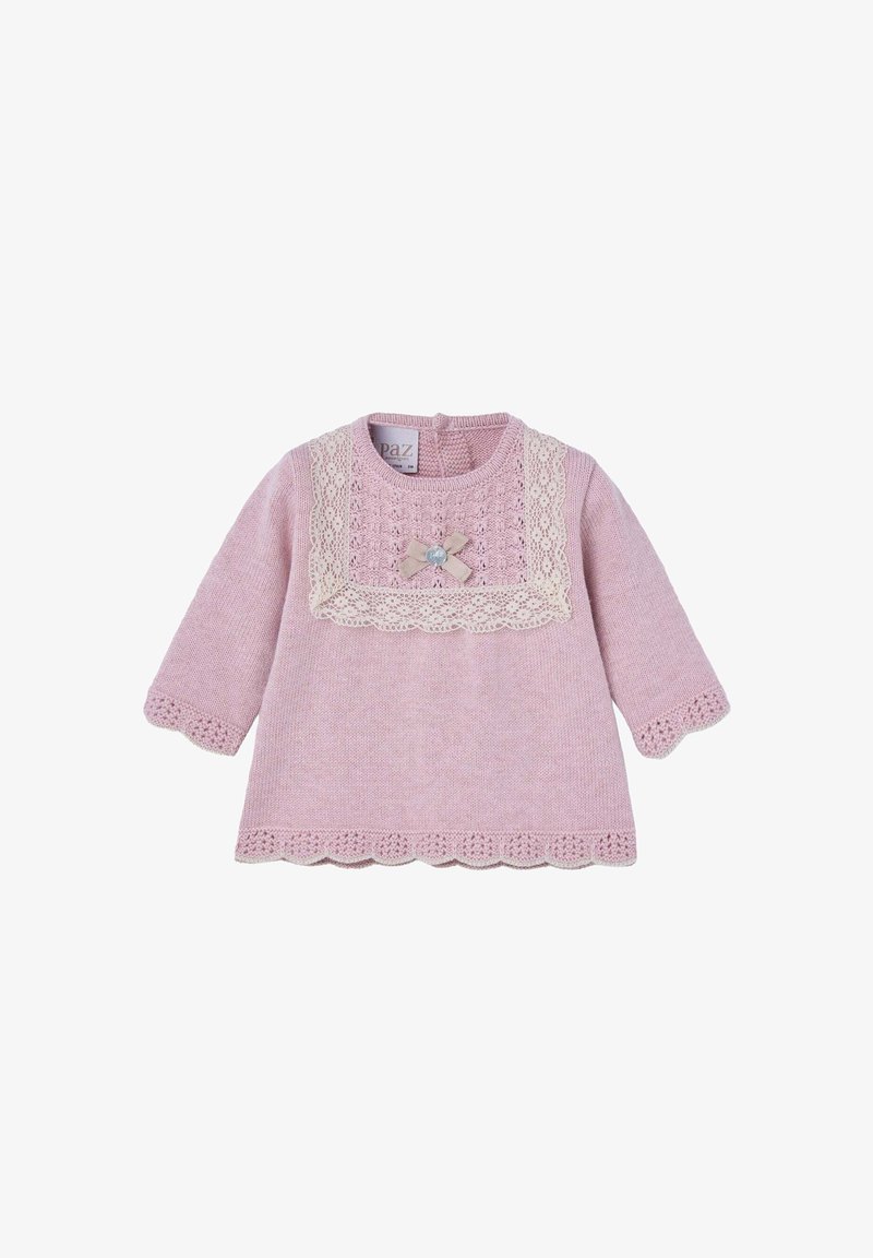 Top tricoté rose clair à manches longues, avec un accent en dentelle sur le décolleté, un ourlet festonné et un nœud décoratif avec un détail en perle au centre.