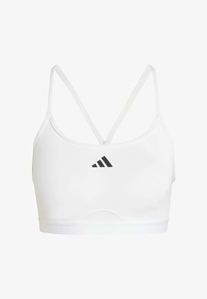 Top sportivo bianco con spalline sottili incrociate e scollatura rotonda. Logo nero sul davanti. Tessuto liscio con banda elastica sul fondo.