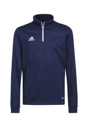 Granatowy sportowy top z długim rękawem, białym zamkiem na ćwierć długości i logo Adidas na lewej piersi, z prążkowanymi mankietami.