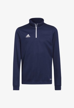 Navyblå langærmet sportstop med hvid kvartlynlås og Adidas-logo på venstre bryst, med ribbede manchetter.