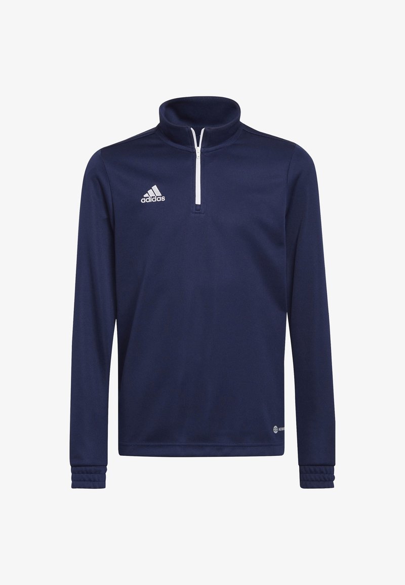 Haut de sport bleu marine à manches longues avec fermeture éclair blanche au quart et logo Adidas sur la poitrine gauche, avec poignets côtelés.
