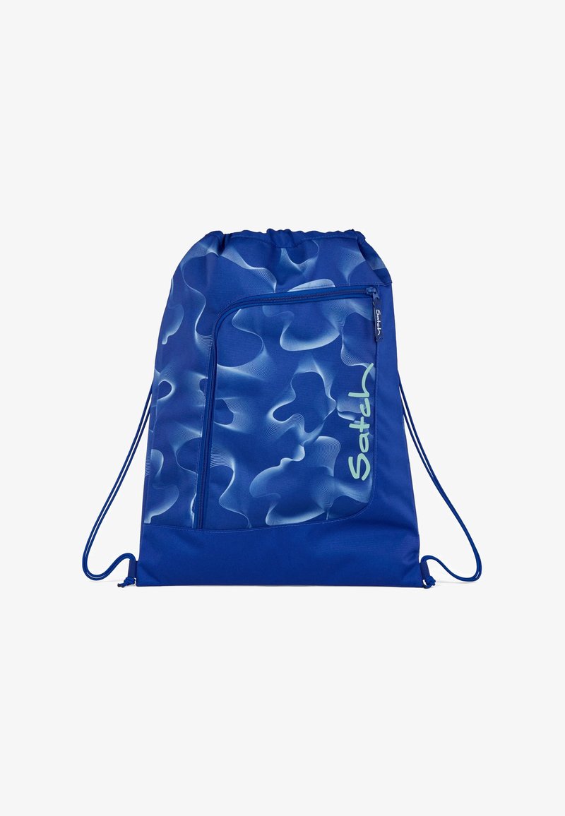 Blauer Rucksack mit Kordelzug, gewelltem Muster, großem Frontfach und grünem Logo. Hergestellt aus robustem Stoff mit glatter Textur.