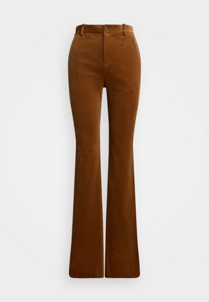 Brown flared trousers in soft corduroy fabric featuring a zipper and button closure, with front pockets and a smooth texture.