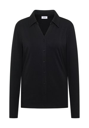 Zwarte blouse met lange mouwen en een kraag, voorzien van een knoopsluiting aan de voorkant, een zachte textuur en een klassieke, rechte snit.