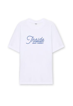 Camiseta blanca de manga corta con el texto azul "Inside" en cursiva y "ENJOY YOURSELF" en mayúsculas debajo, en el centro del frente.