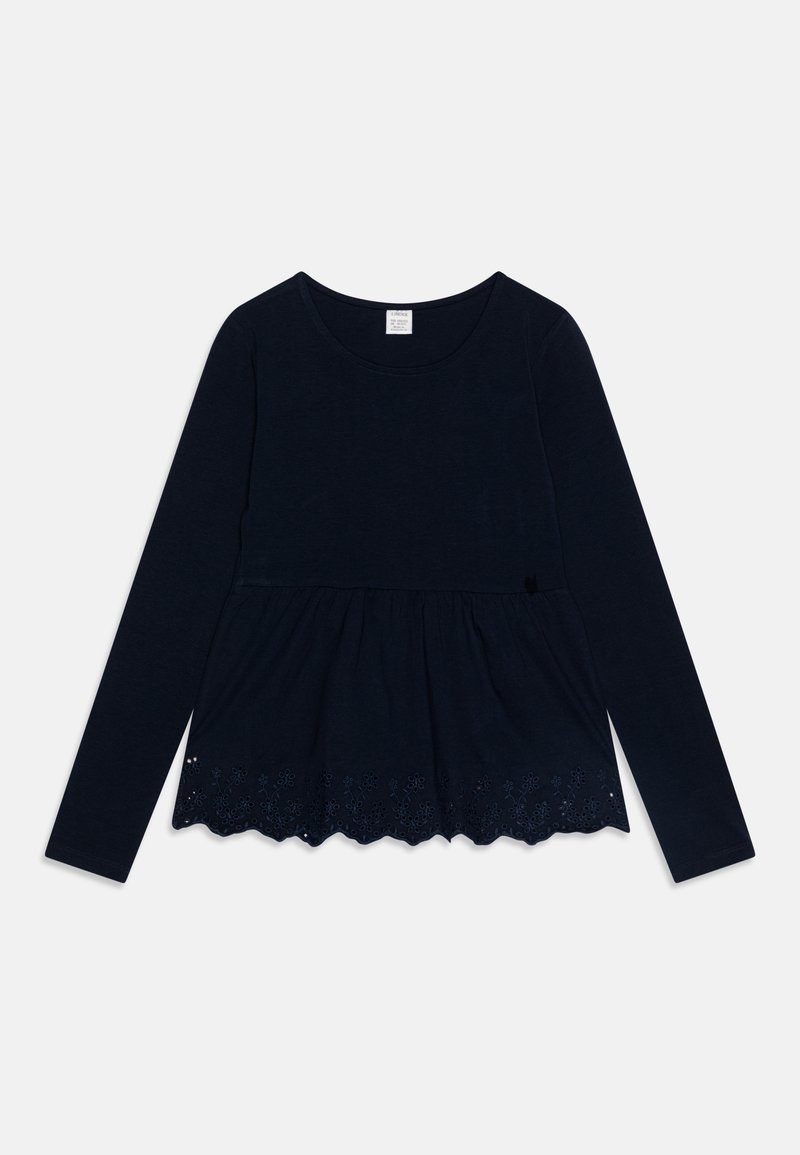 Marineblaues Langarmoberteil mit lockerer Passform und gewelltem Saum, verziert mit floralen Lochmustern. Weicher Stoff mit rundem Ausschnitt.