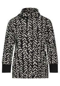 Czarny i biały sweter z miękkim kołnierzem w stylu cowl, zdobiony wzorem w liście, z długimi rękawami z kontrastującymi czarnymi mankietami.