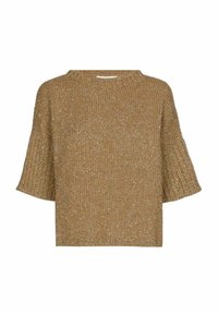 Gouden ribgebreide trui met korte mouwen, met een losse pasvorm en een subtiele glittertextuur, voor een casual maar toch gestructureerde uitstraling.