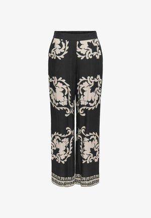 Juodos plačios kelnės su kremine gėlių raštu ir dekoratyvine apdaila apačioje. Elastingas diržas patogumui. Lygi, lengva medžiaga.