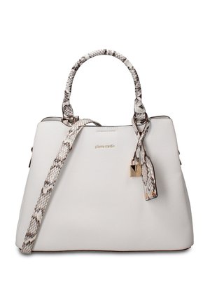 White leather handbag with snake-print handles and strap, gold lock detail, and small gold brand logo centered on front.