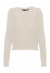  Lichtbeige gebreide sweater met een ronde hals, ribgebreide manchetten en gerimpelde details langs de zijkanten. Heeft een textuur van kabelbreipatroon.