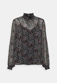 Svart genomskinlig blus med paisley-mönster i rosa och blått. Hög volangkrage och långa ärmar med elastiska manschetter. Lättviktig tyg.