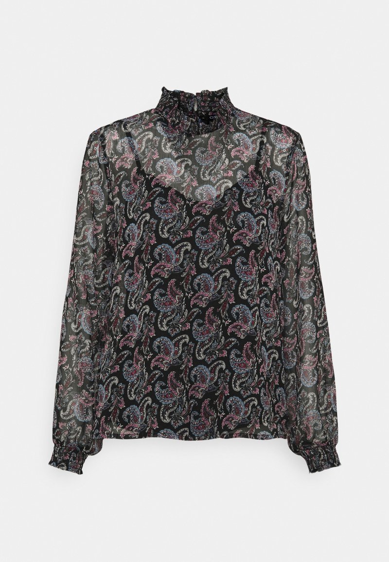 Svart genomskinlig blus med paisley-mönster i rosa och blått. Hög volangkrage och långa ärmar med elastiska manschetter. Lättviktig tyg.