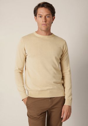 Mężczyzna z krótkimi brązowymi włosami, ubrany w beżowy sweter z okrągłym dekoltem i brązowe spodnie, stojący z jedną ręką w kieszeni.