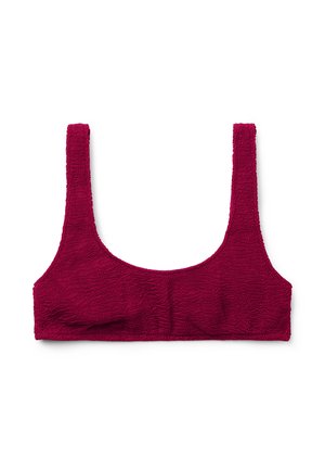 Bordeauxfarbenes, kurz geschnittenes Bustier aus strukturierter Stoff; mit breiten Trägern und einem glatten, schlichten Körperdesign.