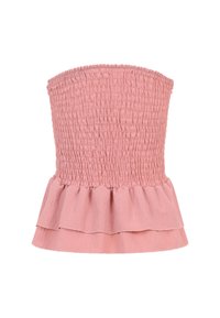 Haut rose sans bretelles avec corsage froncé et ourlet à volants superposés, en tissu léger.