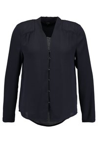 Blusa a maniche lunghe blu navy in tessuto leggero con scollatura a V, chiusura frontale con bottoni, dettagli plissettati sulle spalle e orlo arrotondato.