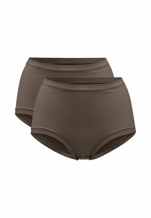 Bas de maillot de bain marron à taille haute, fabriqué en tissu lisse et extensible ; présente un design simple avec des lignes épurées et sans motifs visibles.