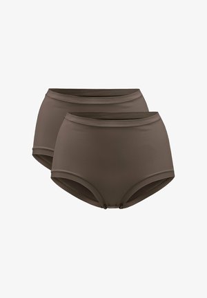 Hochgeschnittene braune Bikiniunterteile aus glattem, dehnbarem Material; zeichnen sich durch ein schlichtes Design mit klaren Linien und ohne sichtbare Muster aus.