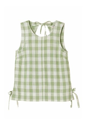 Zelený a bílý kostkovaný top bez rukávů s vázáním na zádech a na bocích u lemu, vyrobený z lehké tkaniny.