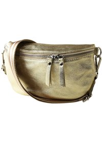 Gouden metallic leren schoudertas met een ritssluiting, twee ritstrekken en een lange verstelbare schouderband. Gladde textuur, ronde vorm.