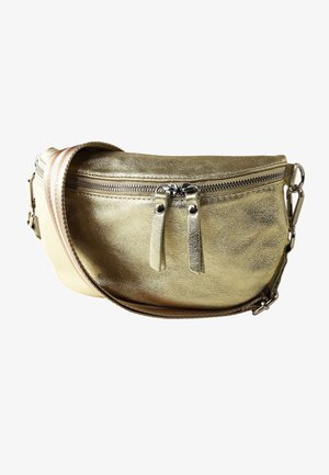 Gouden metallic leren schoudertas met een ritssluiting, twee ritstrekken en een lange verstelbare schouderband. Gladde textuur, ronde vorm.