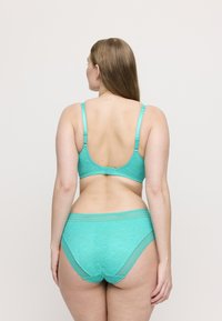Turquoise lace bralette and matching briefs, featuring a smooth finish, adjustable straps, and delicate floral patterns. Back view shown.