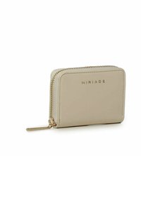 Portafoglio in pelle beige con zip dorata, forma rettangolare e logo "MIRIADA" in rilievo sulla parte anteriore. Texture liscia e design minimale.
