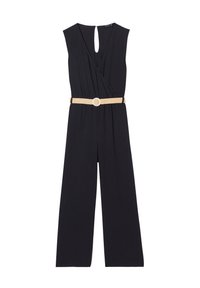 Zwarte jumpsuit met een V-hals, wijde pijpen en een/keyhole rug. Voorzien van een textuurbeige riem met een ronde gesp voor extra detail.