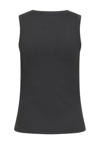 Sleeveless dark gray tank top made of ribbed fabric, featuring a round neckline and clean hem, offering a fitted silhouette.