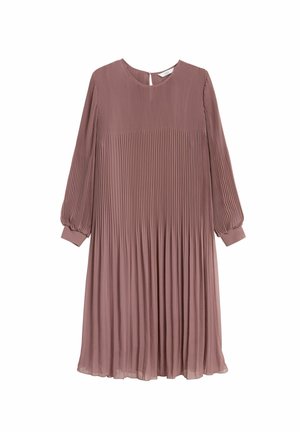Sukienka z długim rękawem wykonana z plisowanego, lekkiego materiału w kolorze mauve. Posiada okrągły dekolt oraz elastyczne mankiety dla większego komfortu.