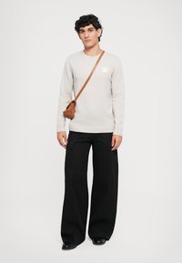 Svetlo šedý pletený sveter s logom "W", skombinovaný s čiernymi širokými cargo nohavicami. Na pleci je malé hnedé crossbody vrecko.