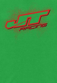 Zelené bavlněné tričko s velkým červeným a černým logem "JT Racing" na texturovaném pozadí s rozstříknutím.