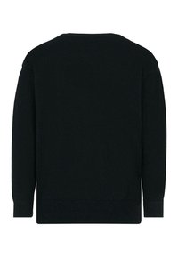 Pullover nero con scollatura a girocollo, maniche lunghe e polsini e orlo a coste. Texture liscia, vestibilità ampia, senza motivi o dettagli visibili.