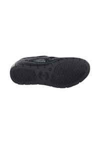 Suela de zapatilla negra con goma texturizada, que presenta patrones de relieve ondulados y un borde liso alrededor del borde para mayor estabilidad.